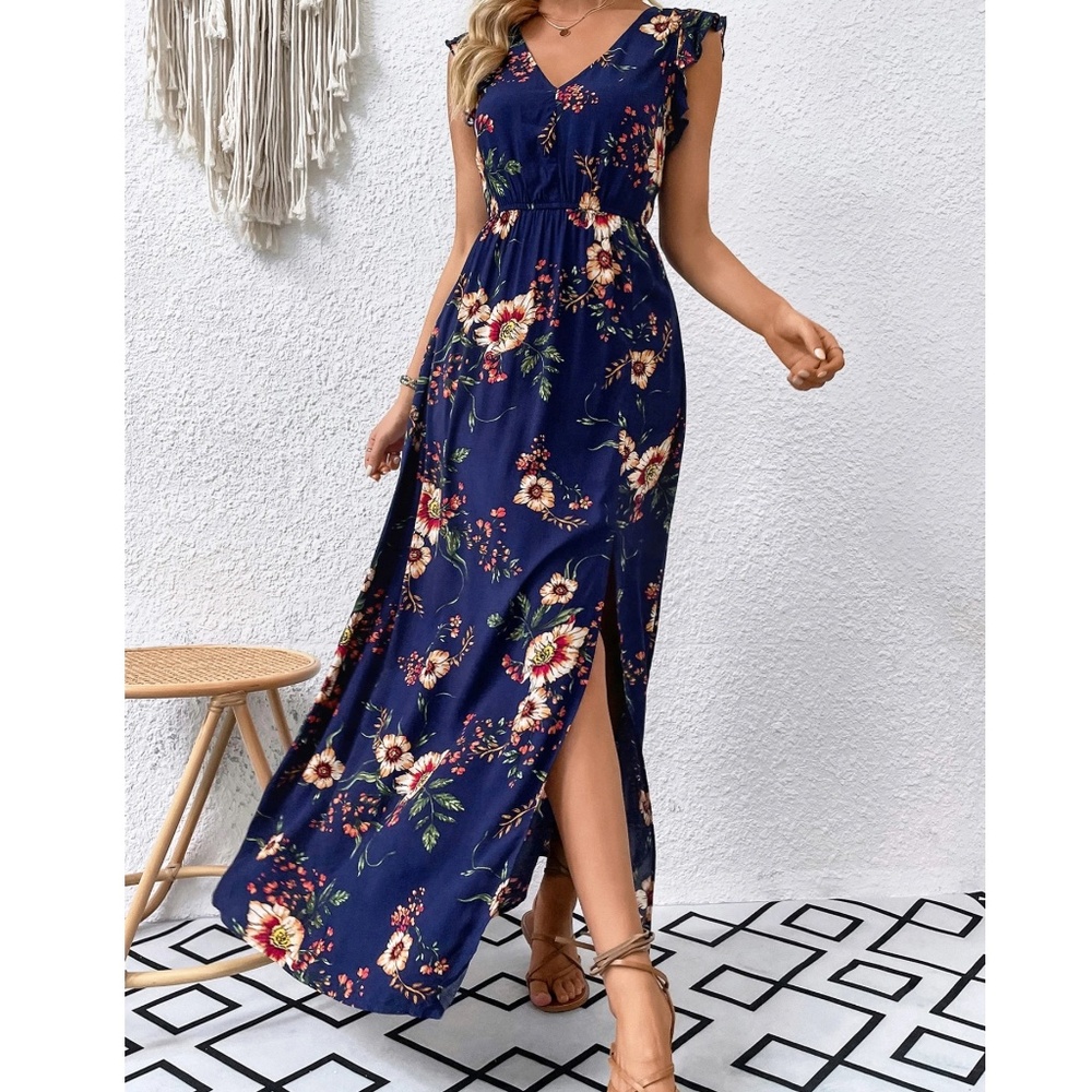 Boho Navy Blue Floral Print V neck Ruffle Cap Sleeve Maxi Dress - Picture 3 of 7